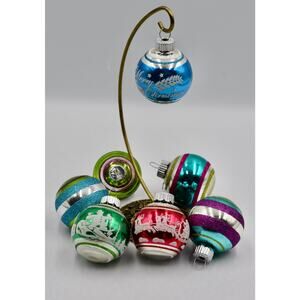 Radko Shiny Brite Flocked Stencil Glass Ball Christmas Tree Ornament Set